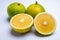 Fresh ripe bergamot orange fruits, fragrant citrus used in earl grey tea, medicine and spa treatments on white background isolated