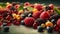 Fresh, ripe berries adorn the wooden table in summer season generated by AI