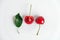 Fresh ripe cherries with green leav on the white wooden background. Top view. Copy, empty space for text