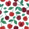 Fresh ripe cherry with stems and leaves hand drawn seamless pattern. Red edible sweet berries vector flat textured