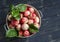 Fresh ripe garden apples in a enameled bowl o