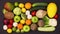 Fresh ripe and healthy fruits and vegetables moving on black table. Stop motion