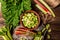 Fresh ripe healthy rhubarb stalks on wooden board. Food recipe background. Close up. top view