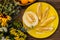 Fresh and ripe melon. Wooden background. Top view. Close-up