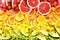 Fresh ripe organic fruits from market: grape and orange, grapefruit and lemon, watermelon and tangerine