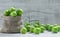 Fresh ripe organic green plums or greengage in burlap sack on wooden background