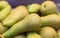 Fresh ripe organic pears, conference variety, on the shelves