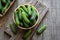 Fresh ripe organic small gherkin cucumbers in bowl on wooden table