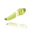 Fresh ripe organic vegetable marrow cut into several slices isolated on white floats freely in the air.