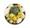 Fresh ripe pattypan squashes in wicker bowl on white background, top view