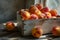 Fresh ripe peaches in a wooden box