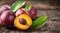 Fresh ripe peaches on wooden table