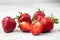 Fresh ripe perfect pieces strawberry on white marble background. Fresh strawberry as texture background. Natural food backdrop