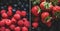 Fresh ripe seasonal berries in metal lunchboxes, wide composition