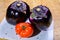 Fresh ripe sicilian purple globe Violetta eggplants vegetables ready to cook, healthy Italian food