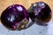 Fresh ripe sicilian purple globe Violetta eggplants vegetables ready to cook, healthy Italian food