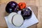 Fresh ripe sicilian purple globe Violetta eggplants vegetables ready to cook, healthy Italian food