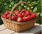 Fresh ripe strawberries in wicker basket.