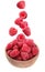 Fresh ripe tasty raspberries falling into bowl on background