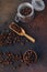 fresh roasted coffee beans in woden bowls  and wooden scoop
