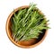 Fresh rosemary sprigs, branches of Salvia rosmarinus in wooden bowl