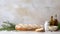 Fresh rustic wheat bread, rosemary, and bottles with oil on marble kitchen countertop, on textured background. Generative AI