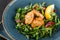 Fresh salad with arugula, spinach, avocado and vegetable cutlets with herbs, garnished with lemon in plate over dark background.