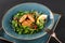 Fresh salad with arugula, spinach, avocado and vegetable cutlets with herbs, garnished with lemon in plate over dark background.