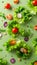 Fresh salad ingredients floating in air on green background arugula, lettuce, radish, tomato