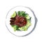 Fresh salad with meat and lettuce on the plate. Watercolor. Vector