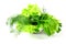 Fresh salad, parsley, dill on white background