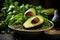 Fresh salad with quinoa, avocado and arugula on wooden table.