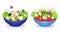 Fresh Salads in Bowl with Green Vegetables and Soft Cheese Vector Set