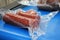 Fresh salami sausage packed in thermoformed film