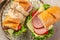 Fresh salami, tomato, lettuce and cheese sandwich. Delicious breakfast or snack on a light background top view. copy