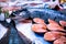 Fresh salmon display on English Market for sale. Cork/Ireland