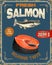 Fresh salmon. Salmon steak illustration in retro style on grunge