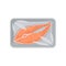 Fresh salmon steak packaging, food plastic tray container with transparent cellophane cover vector Illustration on a