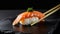 Fresh salmon sushi on chopsticks. Generated with AI