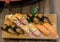 Fresh salmon sushi , salmon maki roll Japanese food restaurant,