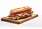 Fresh sandwich with roast beef,lettuce and tomato and spicy sauce on white background.Macro.AI Generative