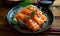 Fresh Sashimi-Style Salmon Slices Served on a Black Plate with Garnish and Soy Sauce on a Wooden Table, Traditional Japanese