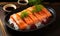 Fresh Sashimi-Style Salmon Slices Served on a Black Plate with Garnish and Soy Sauce on a Wooden Table, Traditional Japanese