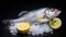 Fresh sea bass fish with lemon on ice. Sea bass fish. Generative Ai