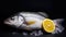 Fresh sea bass fish with lemon on ice. Sea bass fish. Generative Ai