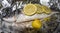 Fresh sea bass with lemon and spices on aluminum foil