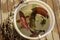 Fresh sea fish caught on fishing rod in plastic bucket. Fisherman\\\'s catch. Fishing on Red Sea. Close-up. Top view.