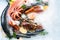 Fresh seafood on ice background