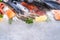 Fresh seafood on ice background