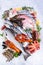 Fresh seafood on ice background